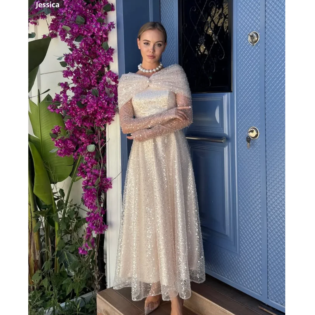 

Jessica Lace Sequined Long Sleeves Evening Dresses Champagne Tulle Prom Dresses A-line Ankle Length Party Dresses Customized