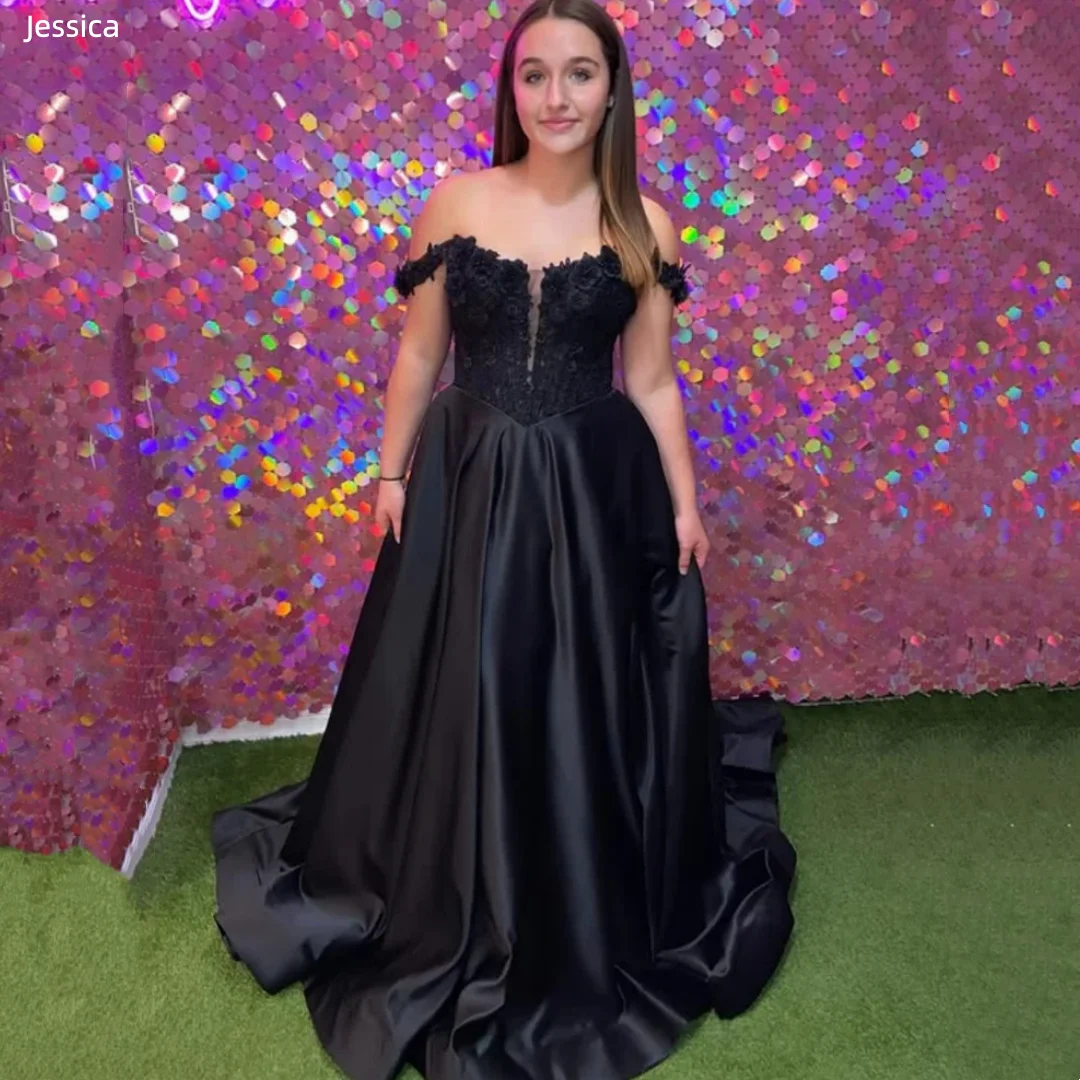 

Jessica Formal Occasions Evening Dresses Embroidered Satin Prom Dresses Women's Off-Shoulder Black A-Line Dress Party Dresses