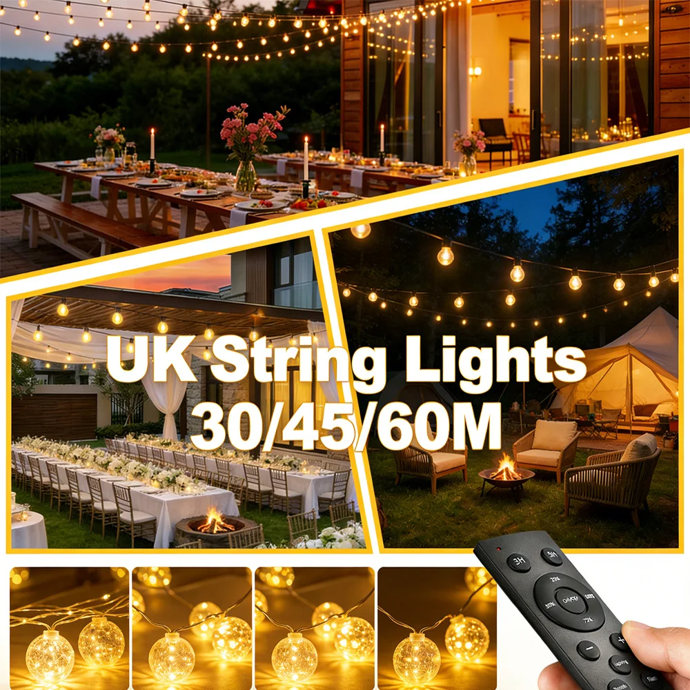 UK Plug 24V Low Voltage String Lights Remote Control Horizontal Bulb 30/45/60M Indoor Outdoor Waterproof Decorative Lights