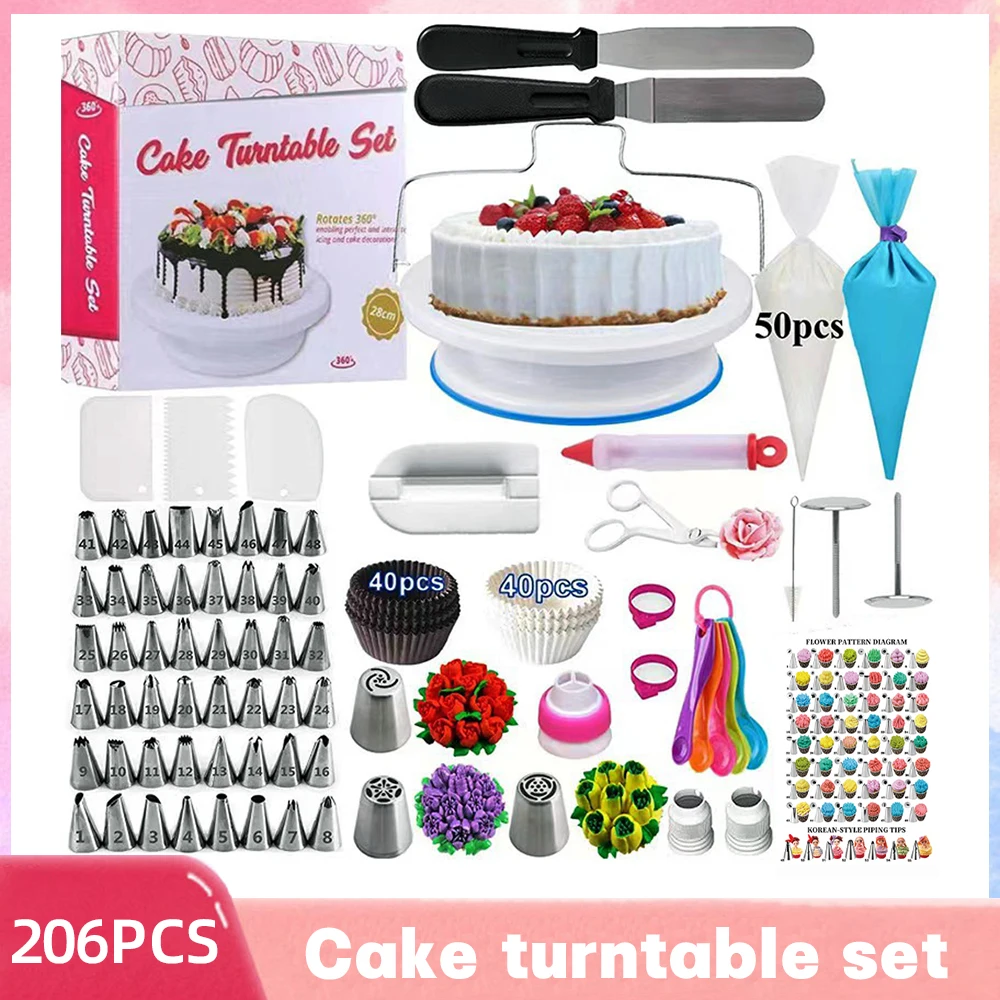 

200/206PCS Cake Decorating Tool Set Anti-slip Professional Pastry Turntable Stainless Steel Pastry Spatula Disposable Piping Bag