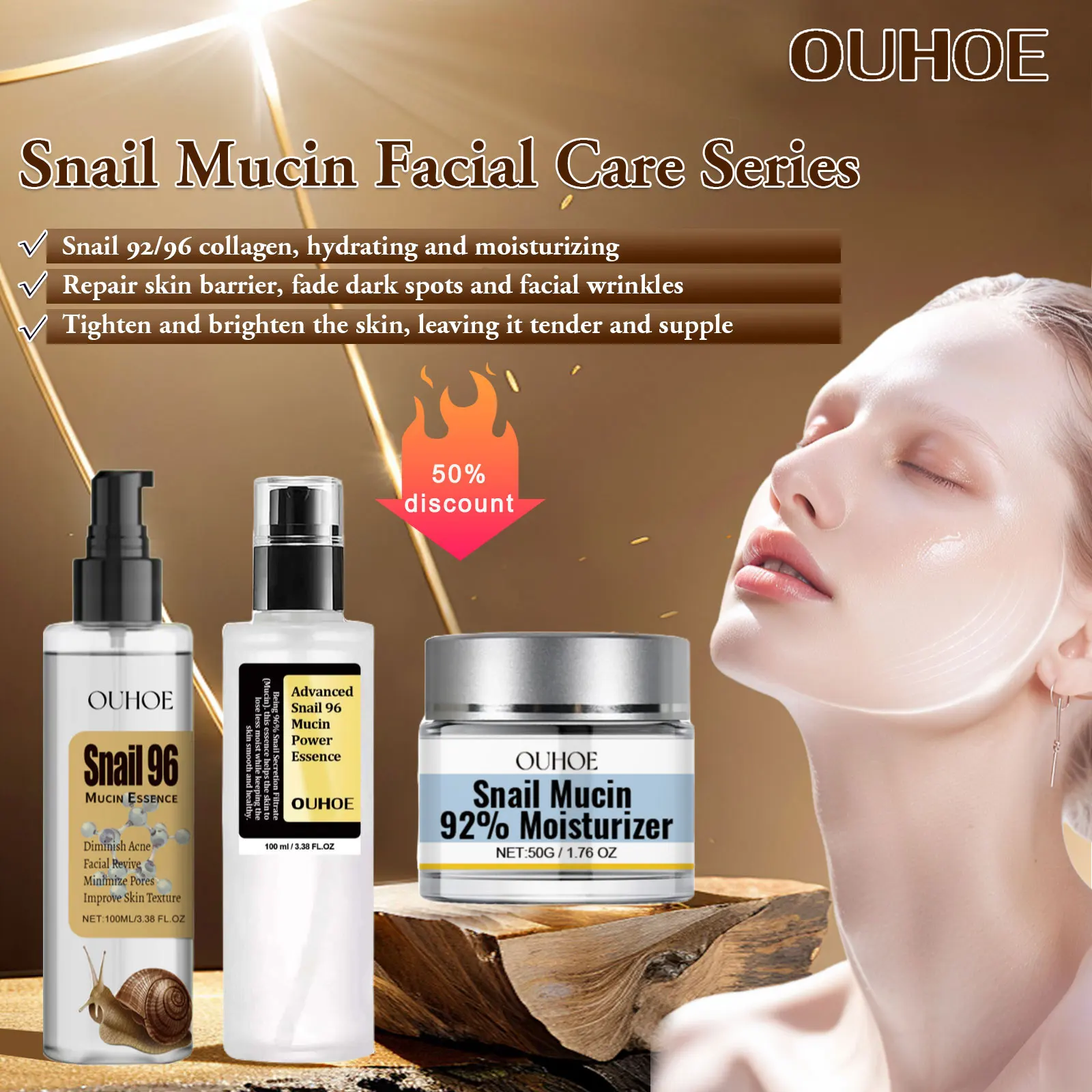 Ouhoe 96% Snail Mucin Skin Care Essence 92% Moisturizer Anti Aging Firming Facial Whitening Repair Dry Serum For Sensitive Skin