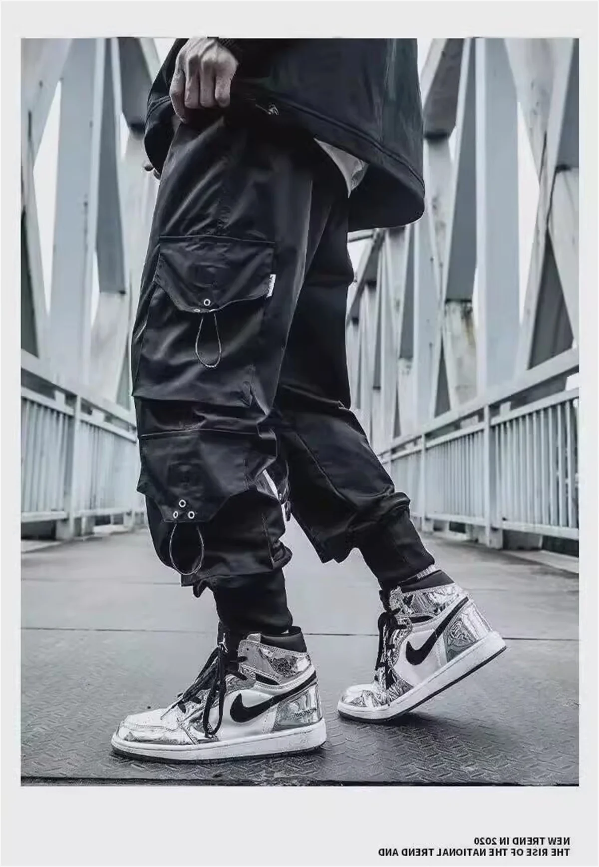 Funktionale Cargohose mit großen Taschen für Herren, Harajuku, lockerer Hip-Hop-Stil, trendige, elastische, knöchellange Freizeithose, moderne Streetwear – Detail 5