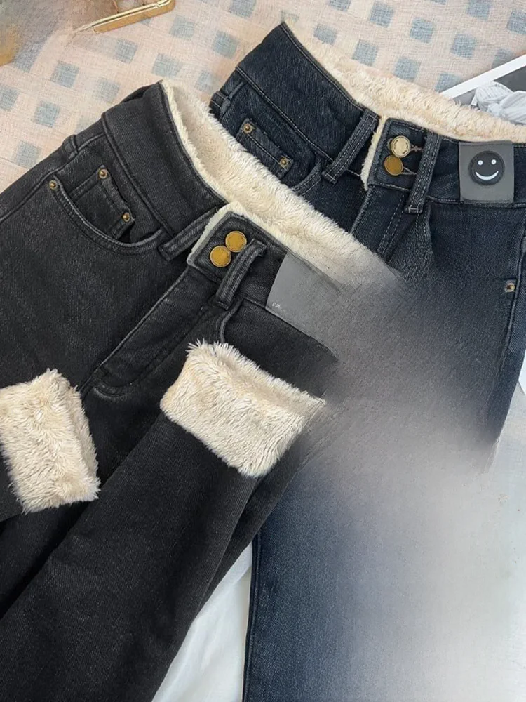 Ciepłe, wąskie dżinsy ołówkowe z wełny jagnięcej, damskie obcisłe, pluszowe Vaqueros Vintage, wysokiej talii, zagęszczone polarowe spodnie dżinsowe, Casual aksamitne legginsy — zdjęcie 2