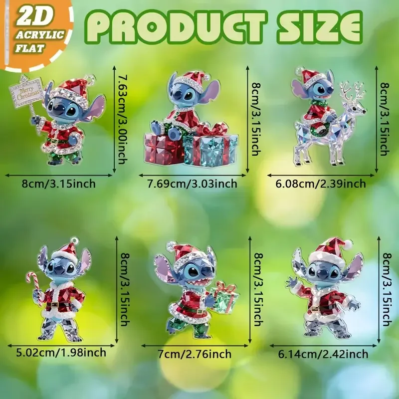 Ornements de dessus d'arbre de noël 6 pièces, ensemble plat 2D de 6 pièces d'ornements acryliques sur le thème de noël Lilo & Stitch, adapté au 2D