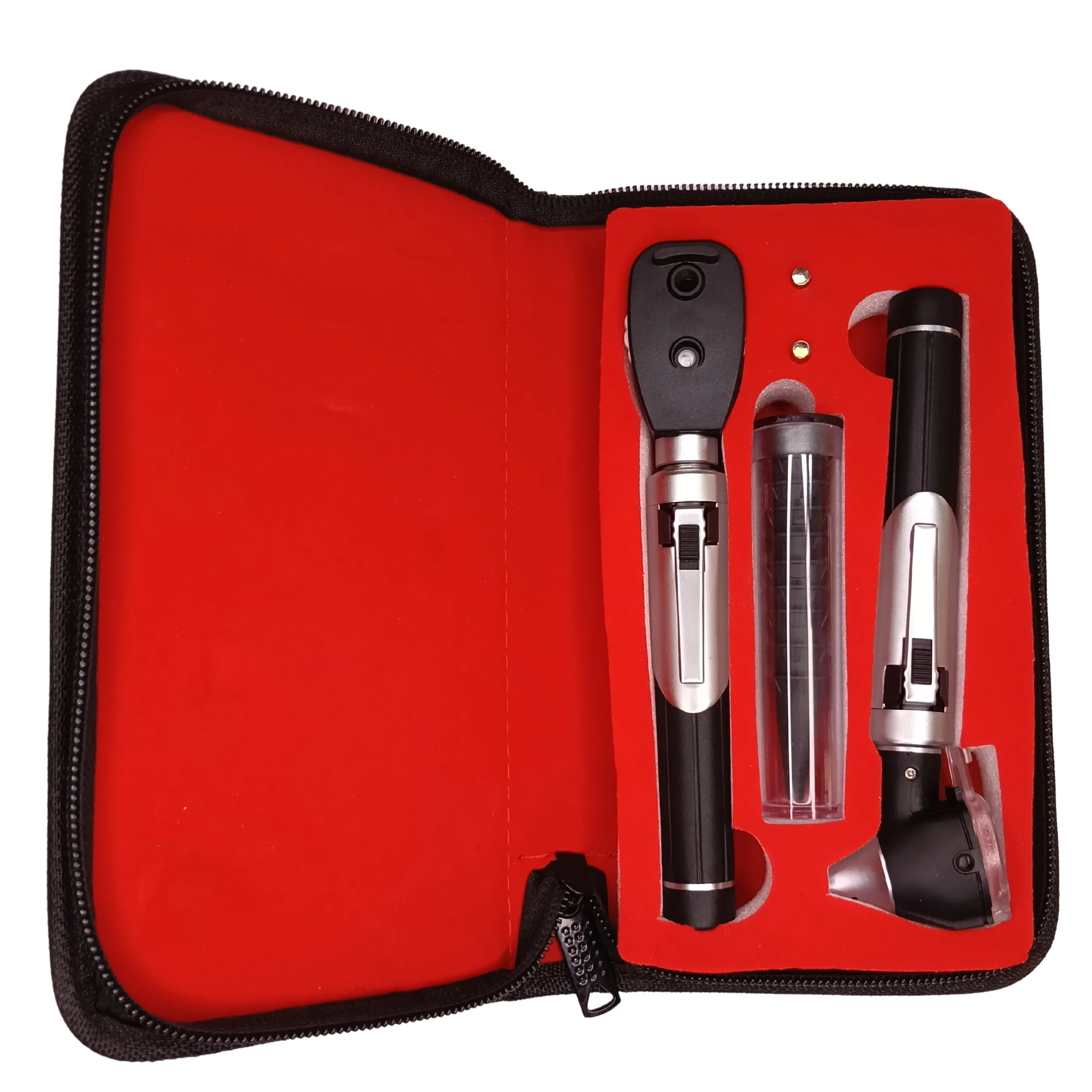 

ЛОР-диагностический набор — оптоволоконный отоскоп и комплект офтальмоскопа в черном корпусе