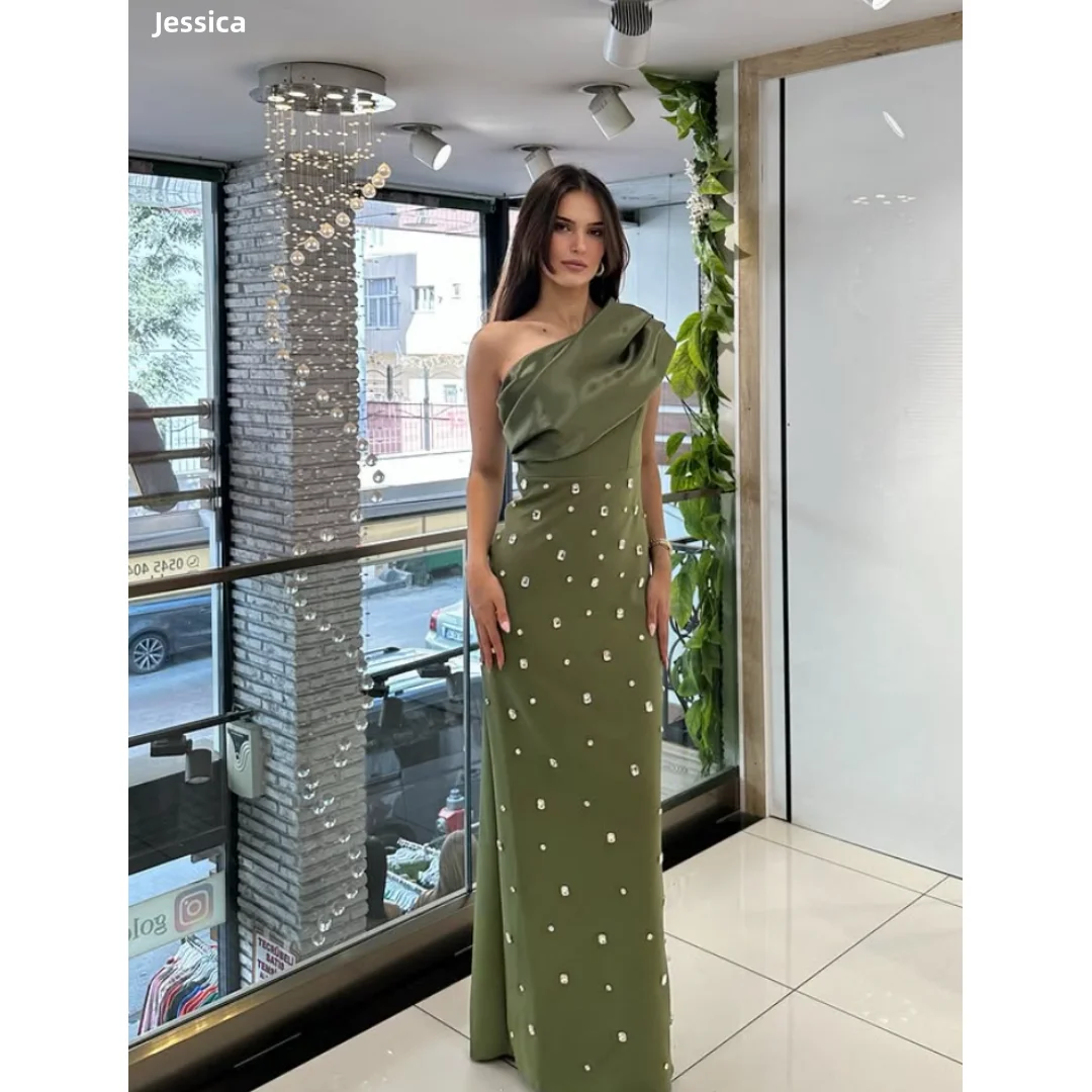 

Атласные вечерние платья на одно плечо Jessica, блестящие бусы ручной работы, платья для выпускного вечера, тонкие и элегантные женские платья Vestidos De Gala