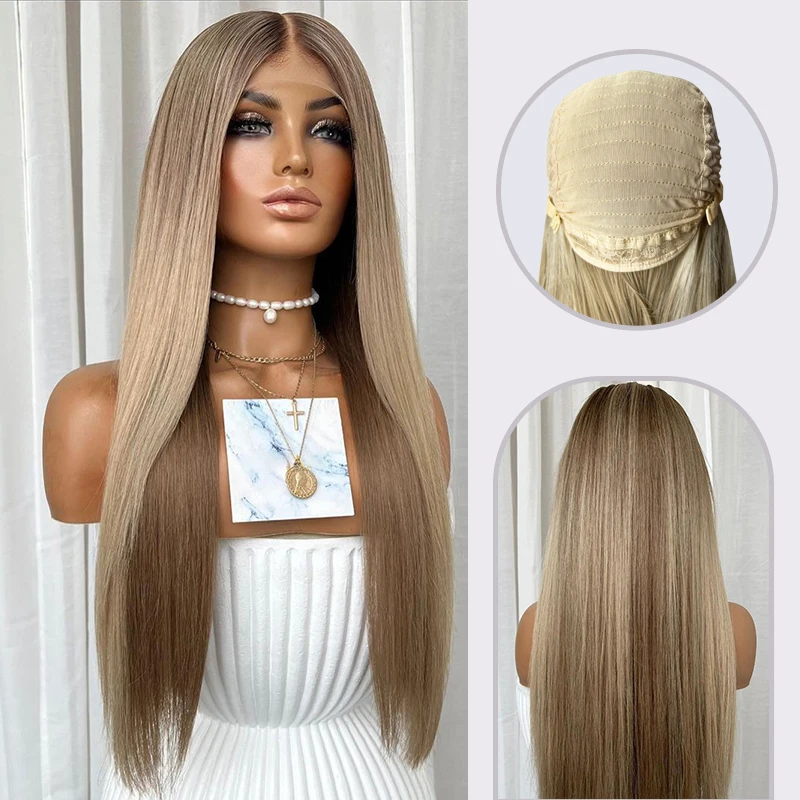 

Highlight Ash Blonde Straight Synthetic Hair Wigs 180% Density Preplucked Brazilian Remy Hair Wigs Transparent Lace Front Wigs