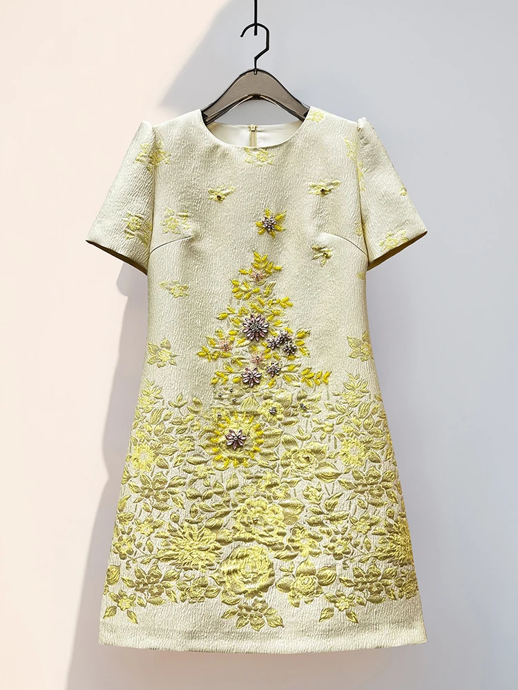 2026 Women Embossed Jacquard Beaded A-Line Dress Short Sleeve Round Neck Elegan…