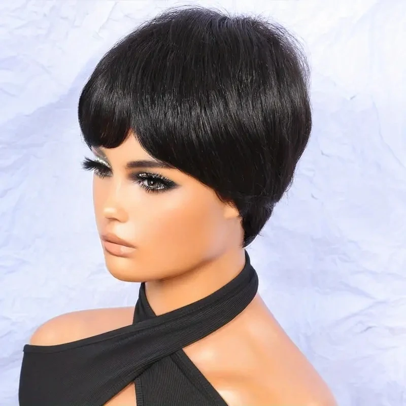 

Aircabin Short Pixie Cut Wigs 6 Inch Straight Human Hair Wigs for Women Natural Black Color Machine Made wigs