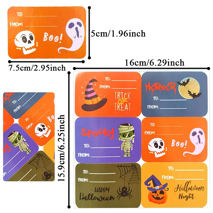 Halloween Tags & Stickers - 60 Pcs Self-Adhesive Pumpkin, Ghost, Bat, Spider, Witch Hat Gift Wrap Tags