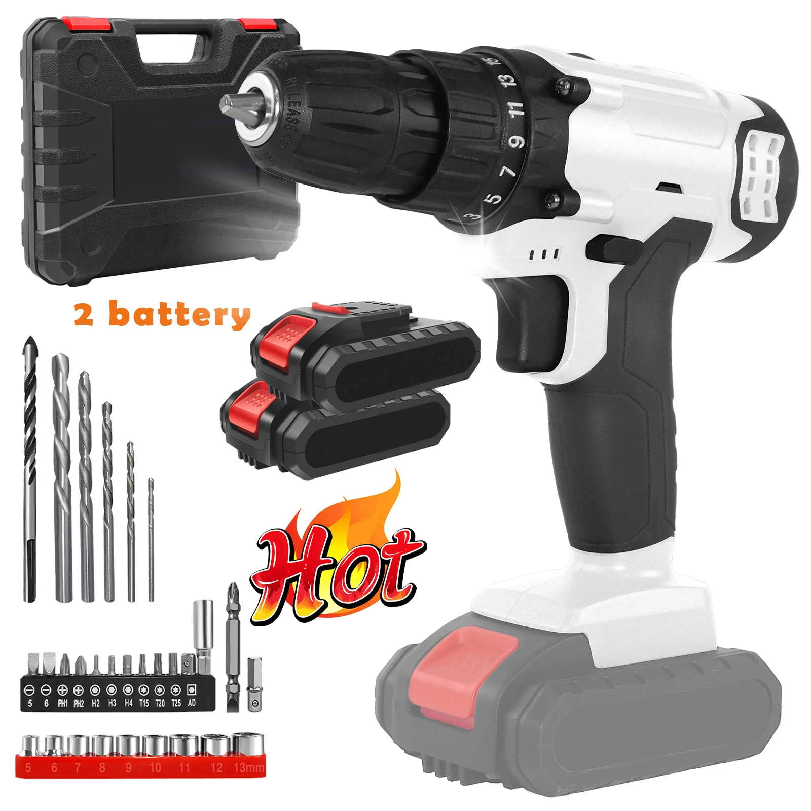 Taladro inalámbrico Taladro atornillador inalámbrico de 21 V, 45 N.m, con batería de alta potencia, 25+1 niveles de torque, 2 velocidades