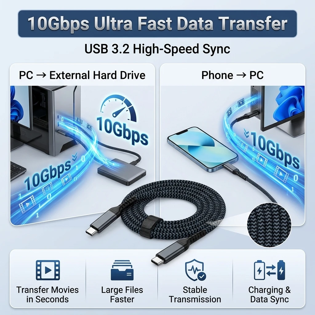 60W PD Fast Charging USB C to C Cable USB 3.2 Type C Data Cable Braided Nylon Fast Charge Cord for iPhone Samsung Laptop MacBook