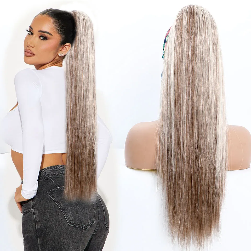 T2/27/613 Blonde Long Silky Straight Ponytail Synthetic Hair Extensions Heat Resisitant DrawString Clip in Pony tail HairPiece