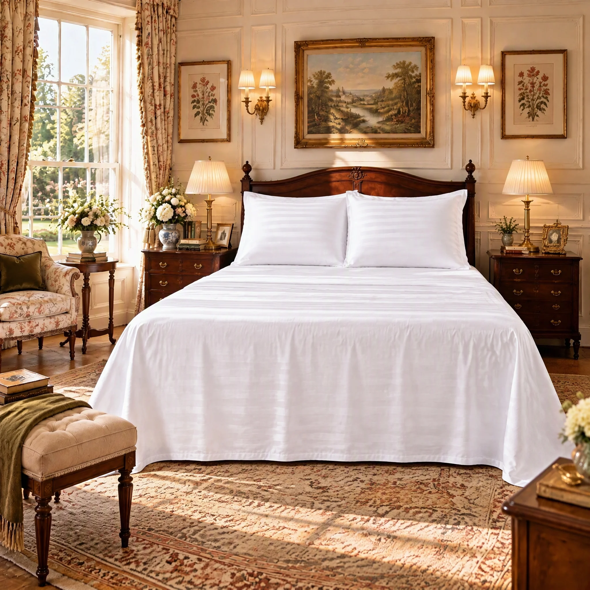 4-Piece White Striped Home Textile Bundle, Premium Hospitality Inspired Finish, Deep Pocket Construction, Anti-Wrinkle & Color Retaining, Year-Round Comfort, Multi Sizes Twin Full Queen King