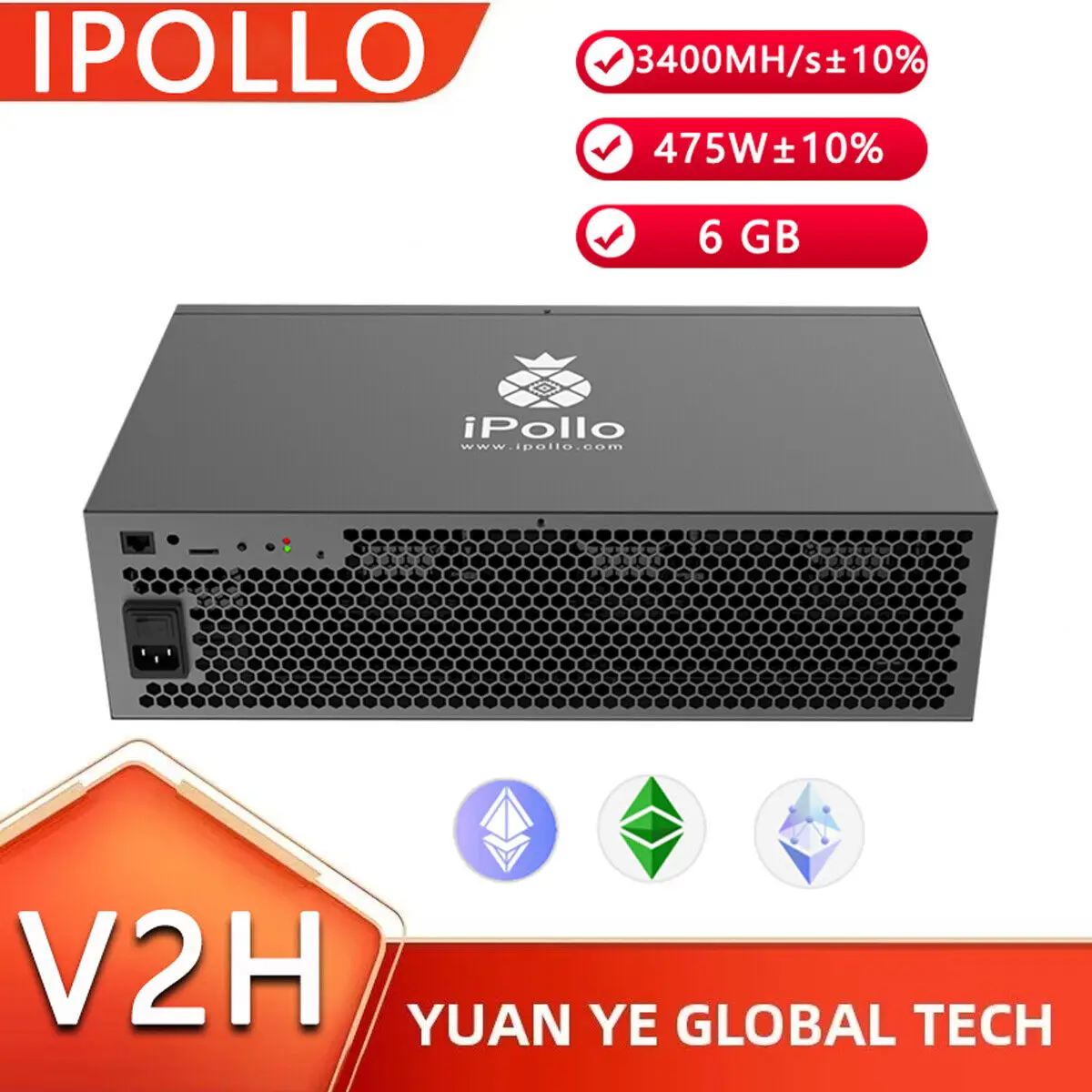 BL WHOLESALES iPollo V2H 3400M 475W Hydro Miner ETC ETHF ASIC Miner built-in power supply