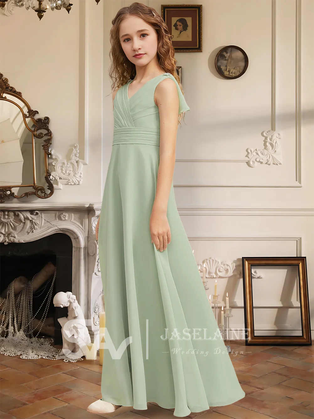 

A V-Neck Floor-Length A-Line Chiffon Junior Bridesmaid Dress Sleeveless Flower Girl Dress Girls Formal Wedding Party Dress