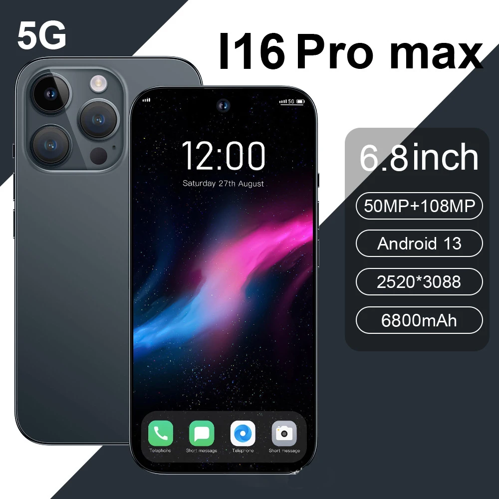 

Brand New Original 16GB+1TB For Smartphone 6.8 inch I16 Max Pro Full Screen 4/5G Cell Phone 6800mAh Mobile Phones Global Version