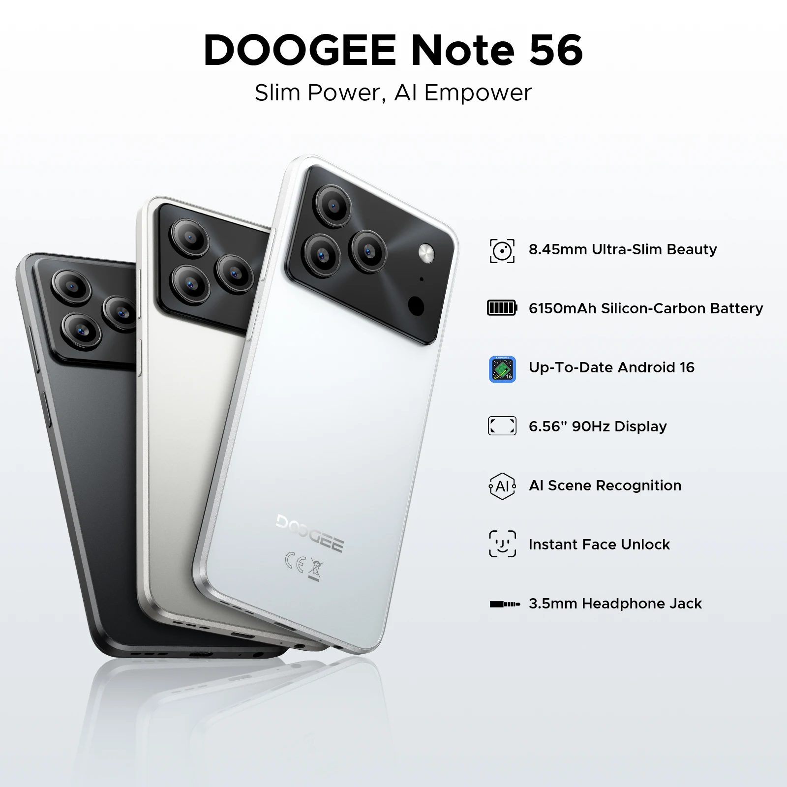 الإصدار العالمي DOOGEE Note 56 هاتف ذكي أندرويد 16 6150 مللي أمبير بطارية كبيرة 6.56 بوصة 90 هرتز عرض 24 جيجابايت 64 جيجابايت 8 ميجابكسل هاتف محمول