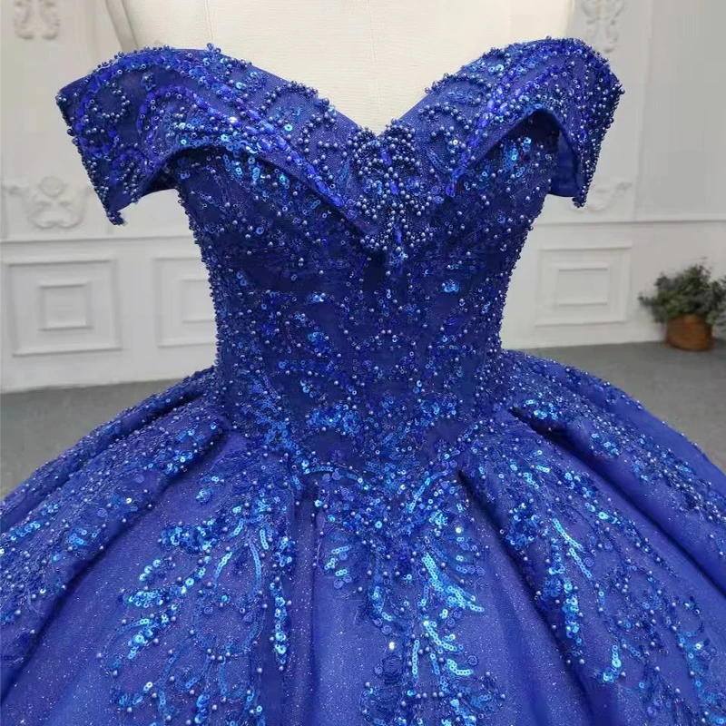 Exquisites romantisches Quinceanera-Kleid für Mädchen, blaues, trägerloses, schulterfreies Ballkleid mit Schnürung und Pailletten