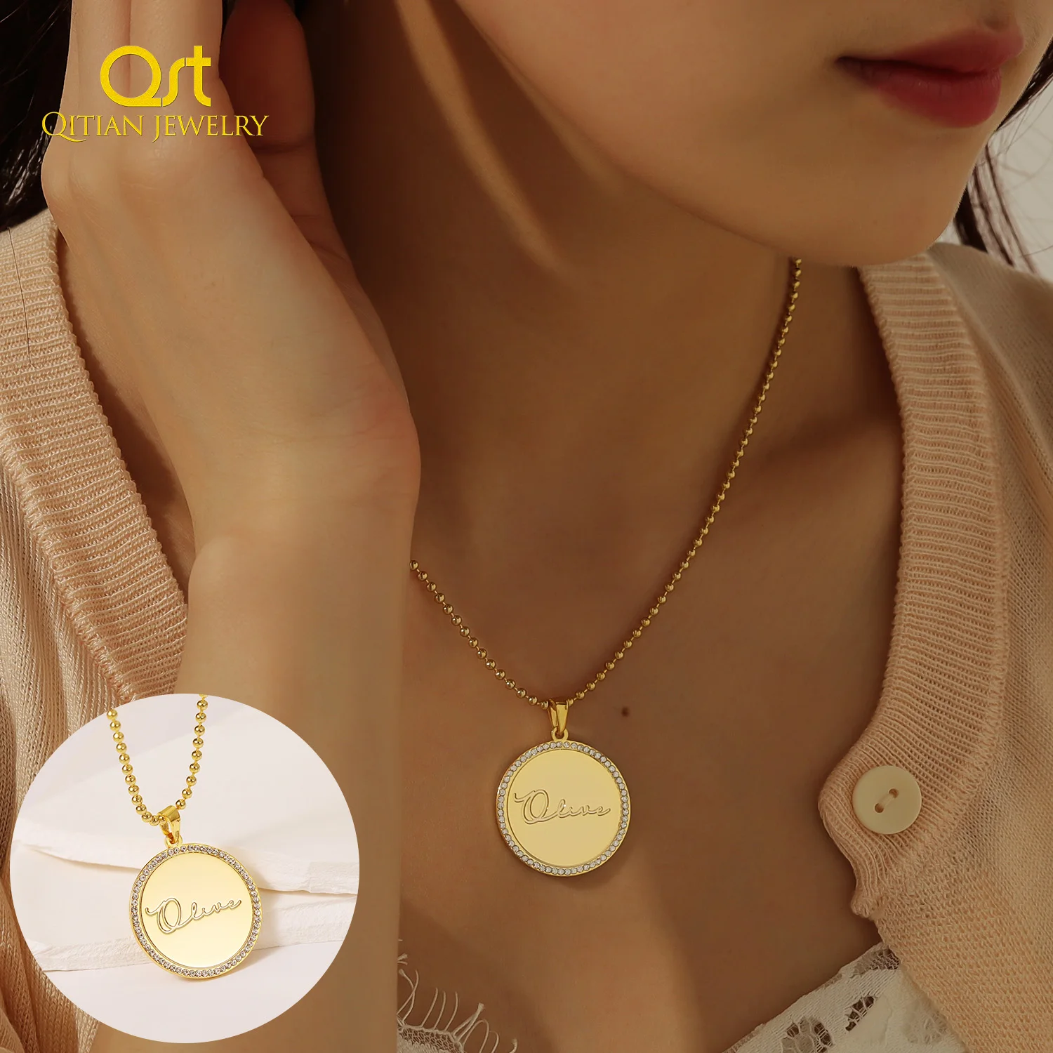 

Qitian Custom Name Necklace Disc Corrosion Pendent Stainless Steel Jewelry Personalized Gift For Women Best Christmas Gift