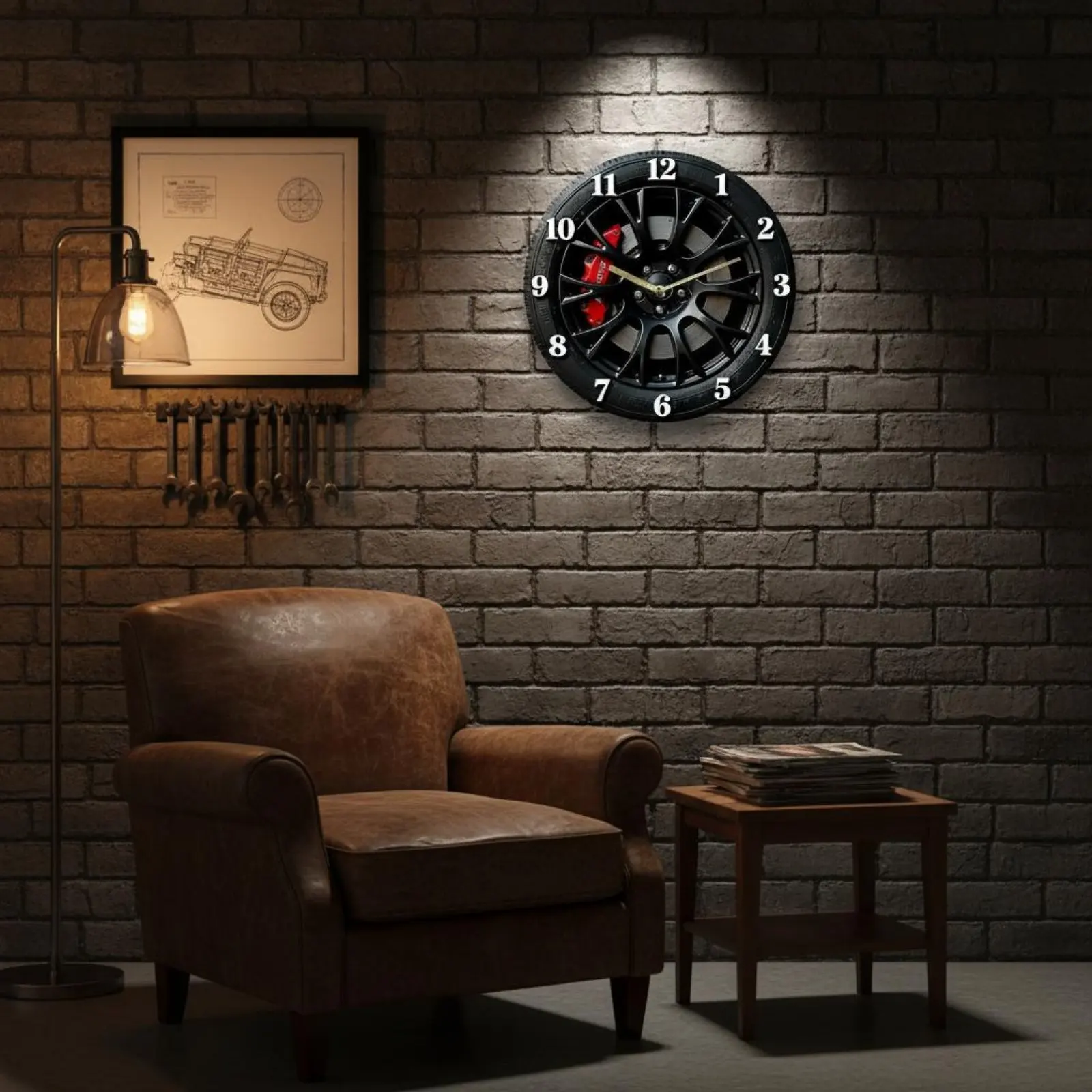 2D Car Wheel Wall Clock Modern Minimalist Design Car Wheel Wall Clock Easy to Hang Timepiece for Auto Fans, Garage, Man Cave, Wo