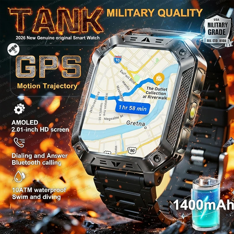 

Новые умные часы TANK с аккумулятором 1400 мАч, GPS-трекером, водонепроницаемостью 10ATM, для спорта и бега, с функцией SOS, фонариком, военные смарт-часы для мужчин