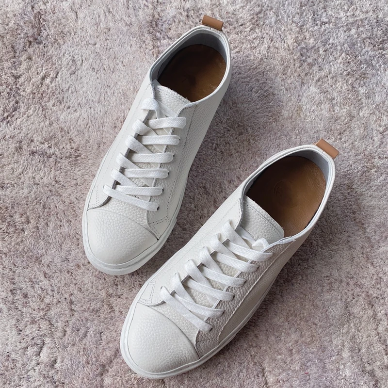 Maxdutti Women Shoes Sneakers Summer Casual Shoes Women England Simple White Cowhide Genuine Leather White  Women Shoes Woman