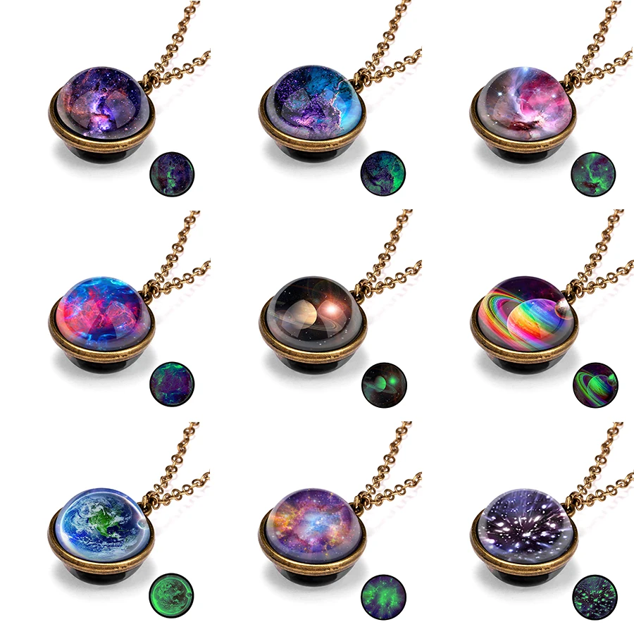 1PC Vintage Colorful Galaxy Universe Round Pendant Necklace Glow in the Dark Glass Ball Metal Chain Choker Fashion Jewelry Gift