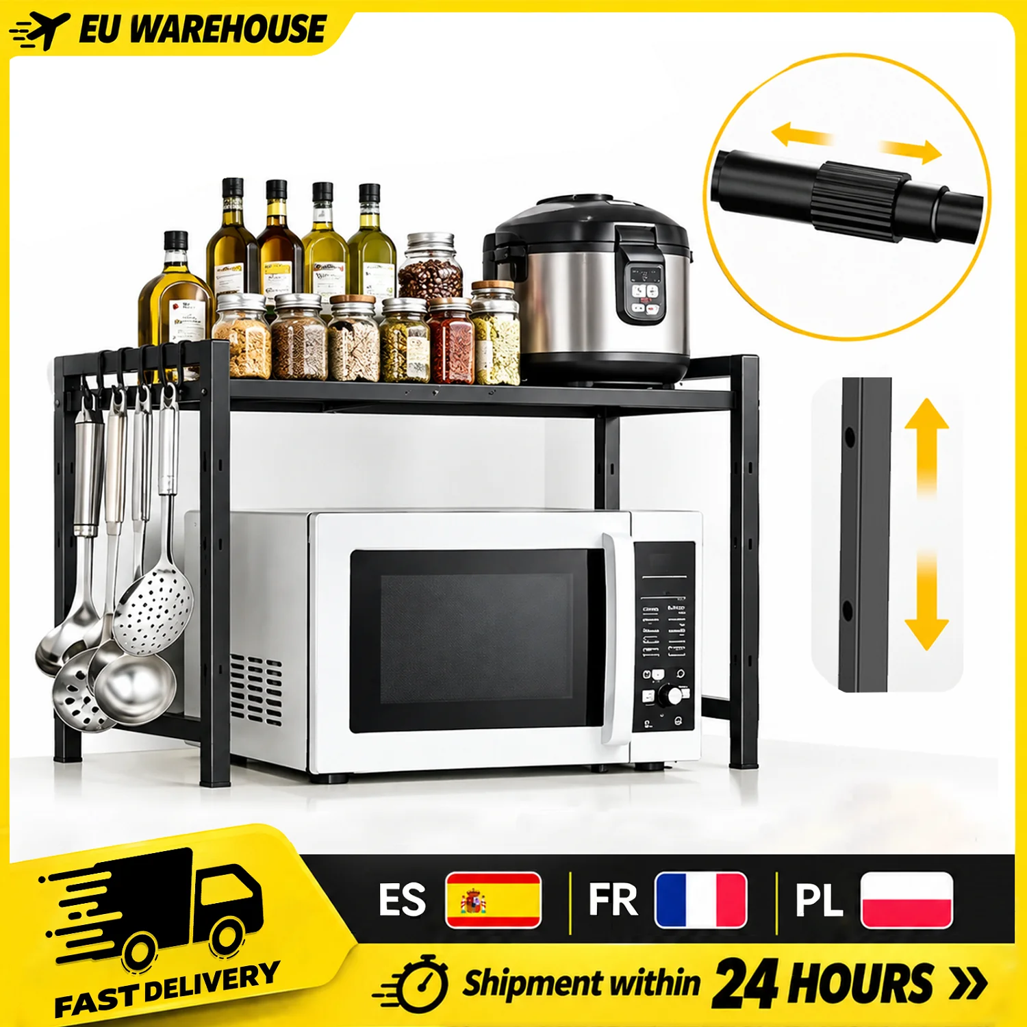 Scaffale espandibile per microonde, da 38 a 64 cm, ripiano da cucina a scomparsa, organizer per forno e cuociriso senza necessità di fori, con 6 ganci, resistente all'umidità e alla ruggine, supporto