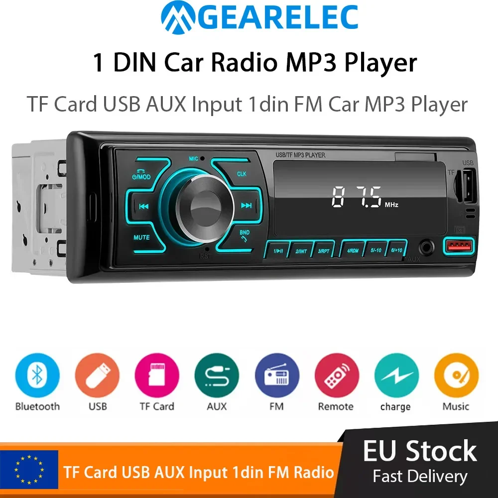 Gearelec Car Radio Stereo Player Digital Bluetooth Car MP3 Player 45Wx4 FM Radio Stereo Audio Music USB/TF with App control