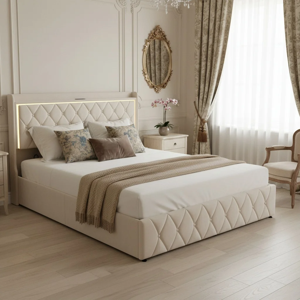 MINGZHE Cama doble tapizada USB y LED, estructura de cama con estructura de metal hidráulico y somier de láminas de madera, terciopelo, beige