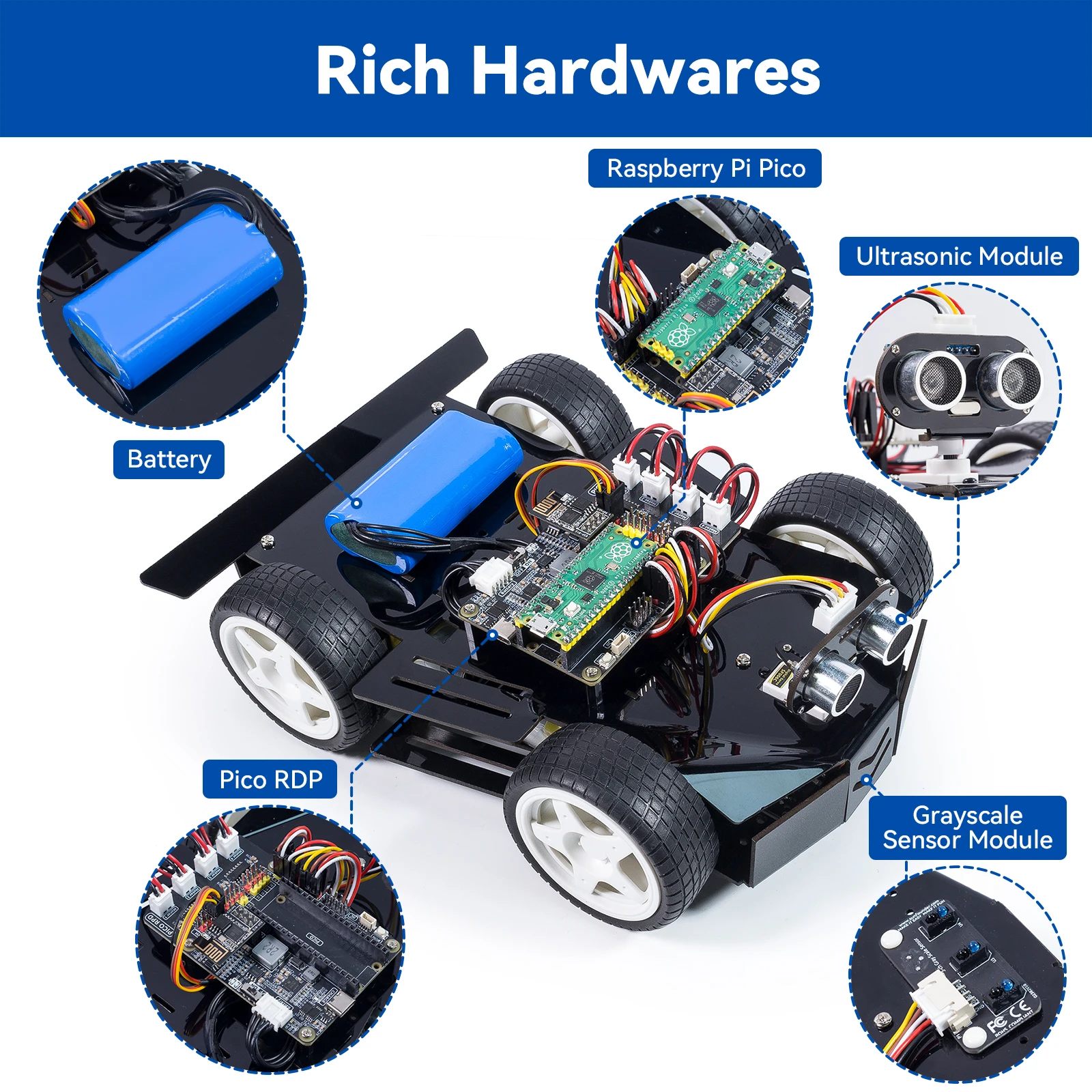 CC SunFounder Rechargable Raspberry Pi Pico Robot Car Kit, Open Source, MicroPython, App Control,RGB LED DIY Robot Kit