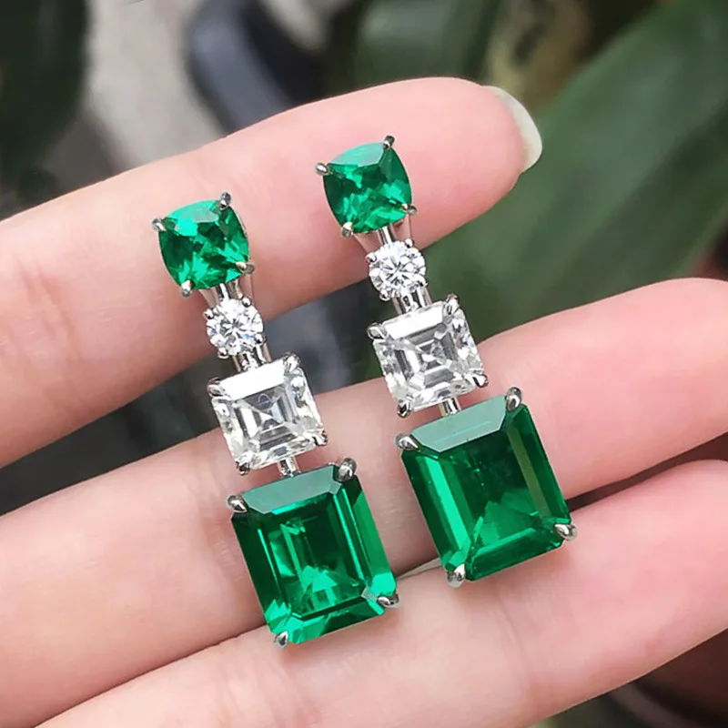 Fashion Jewelry Sparkling Long Silver Color Green Yellow Zircon Square Cut Crystal Rhinestone Multi Gem Drop Earrings for Women