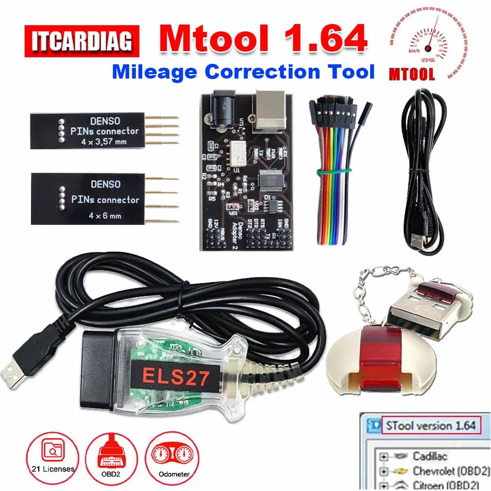 

MTool Mileage Correction Tool V1.64 Rollback Programmer KM Adjustment Software ELS27 Denso Adapter Pin Wire Support by OBD M-bus