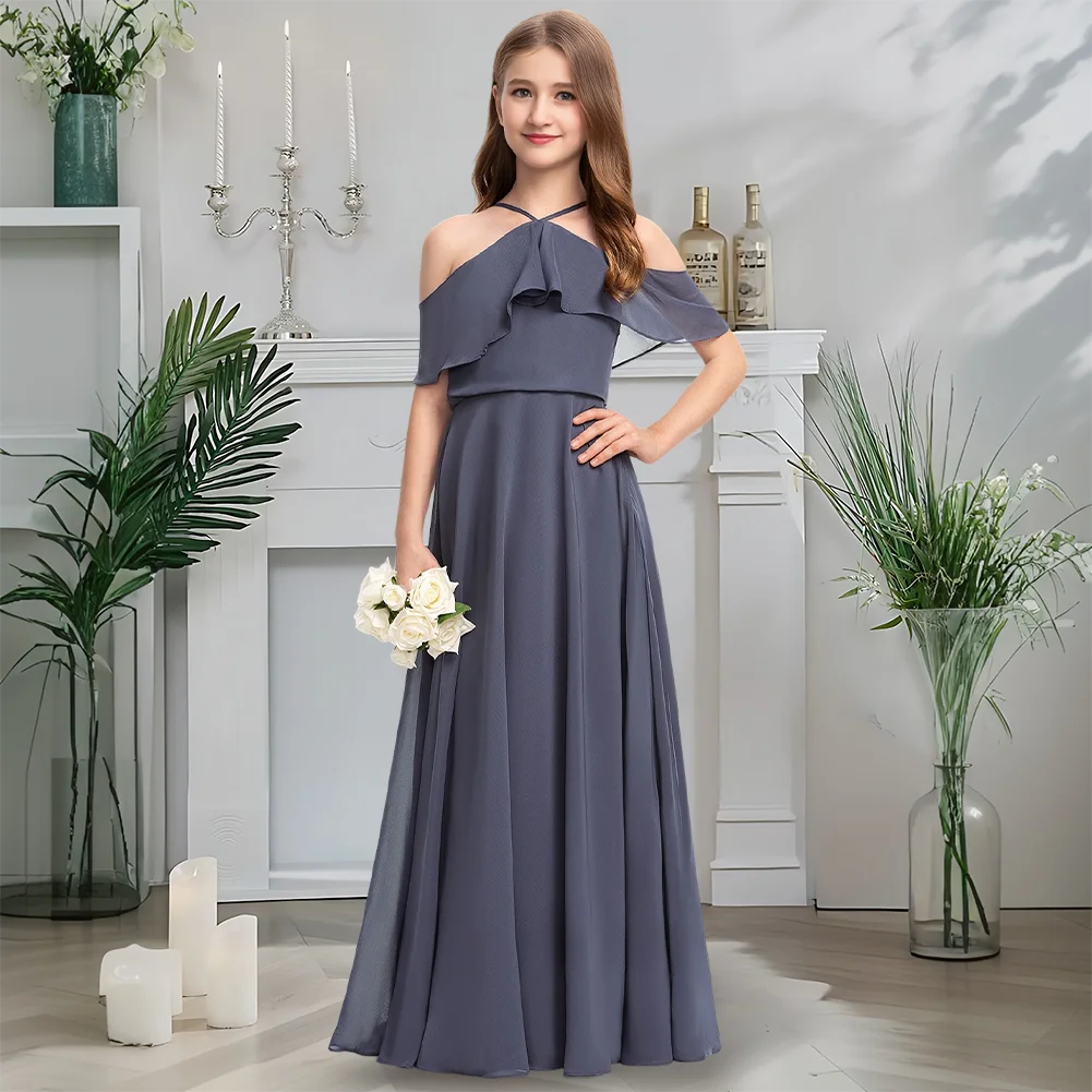 Платье подружки невесты с открытыми плечами, королевское сливовое платье с цветочным узором для девочек, шифоновое платье с лямкой на шее и каскадными оборками, детская свадебная вечеринка