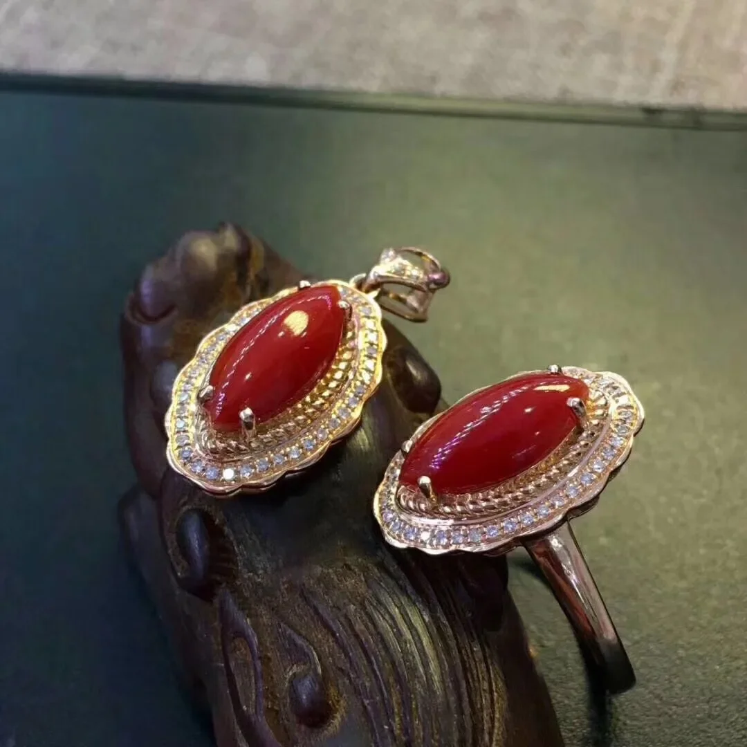 KJJEAXCMY Girls' Natural Red Coral Necklace Pendant Ring 3-Piece Set 925 Pure Silver Plated Gold Gift for Girlfriend Christmas,
