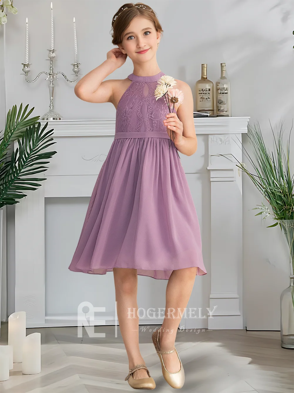 หรูหรา Halter จูเนียร์ชุดเพื่อนเจ้าสาว Royal Lavender ดอกไม้สาวชุดเข่า-ความยาวชีฟองลูกไม้ Cascading Ruffles