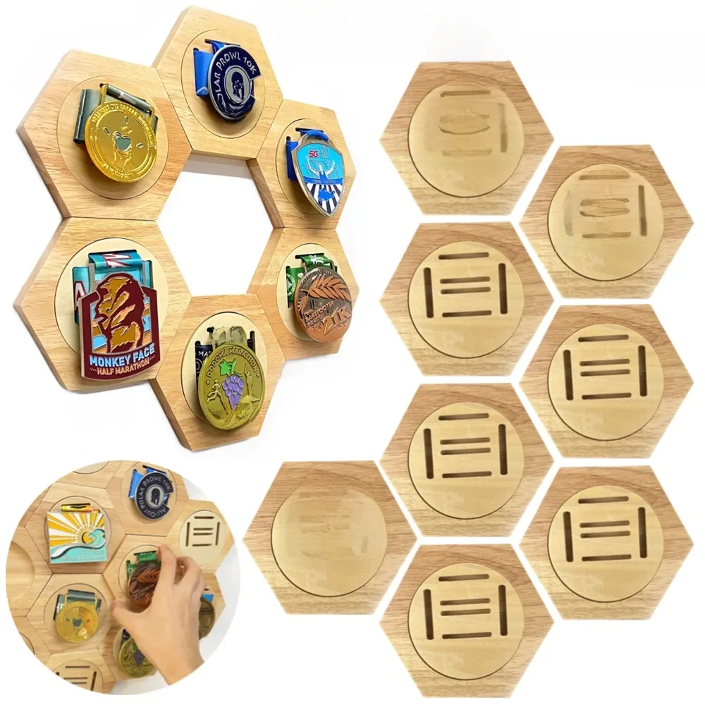 1-10 Stuks Houten Medaille Display Rekken Zeshoekige Honingraat Combinatie Medaillehouder Eer Herdenkingsdisplay Home Muur Decoratie - afbeelding 2