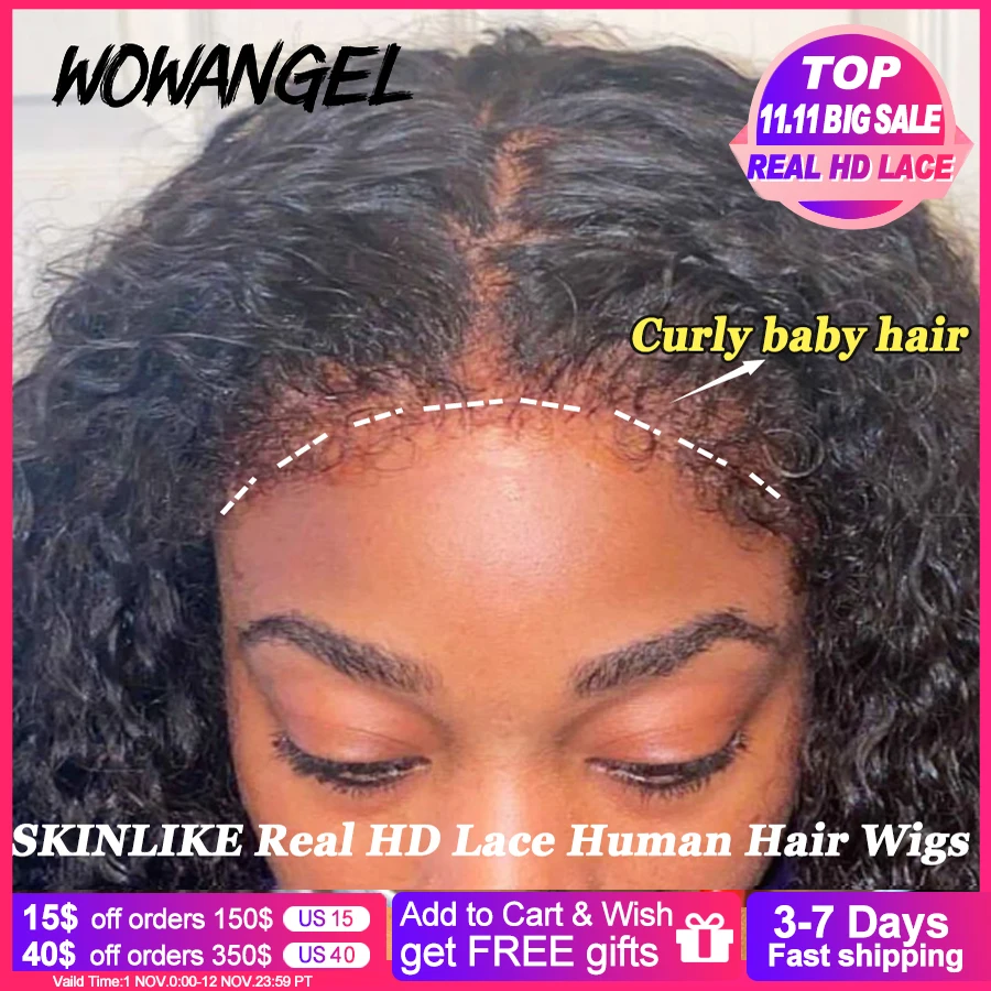 250% Afro Kinky Krullend Baby Haar Hd Kant Frontale Menselijk Haar Pruiken Diepe Krullend Lijmloze Pruiken Melt Skins Hd Full lace Pruiken Voor Vrouw