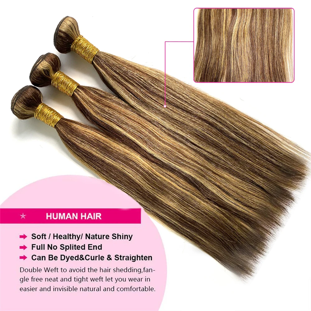 12A Highlight Bundles Straight Human Hair Bundles P4/27 Colored Ombre Blonde Bundles 1/3 Brazilian Hair Extensions Hair Weaves
