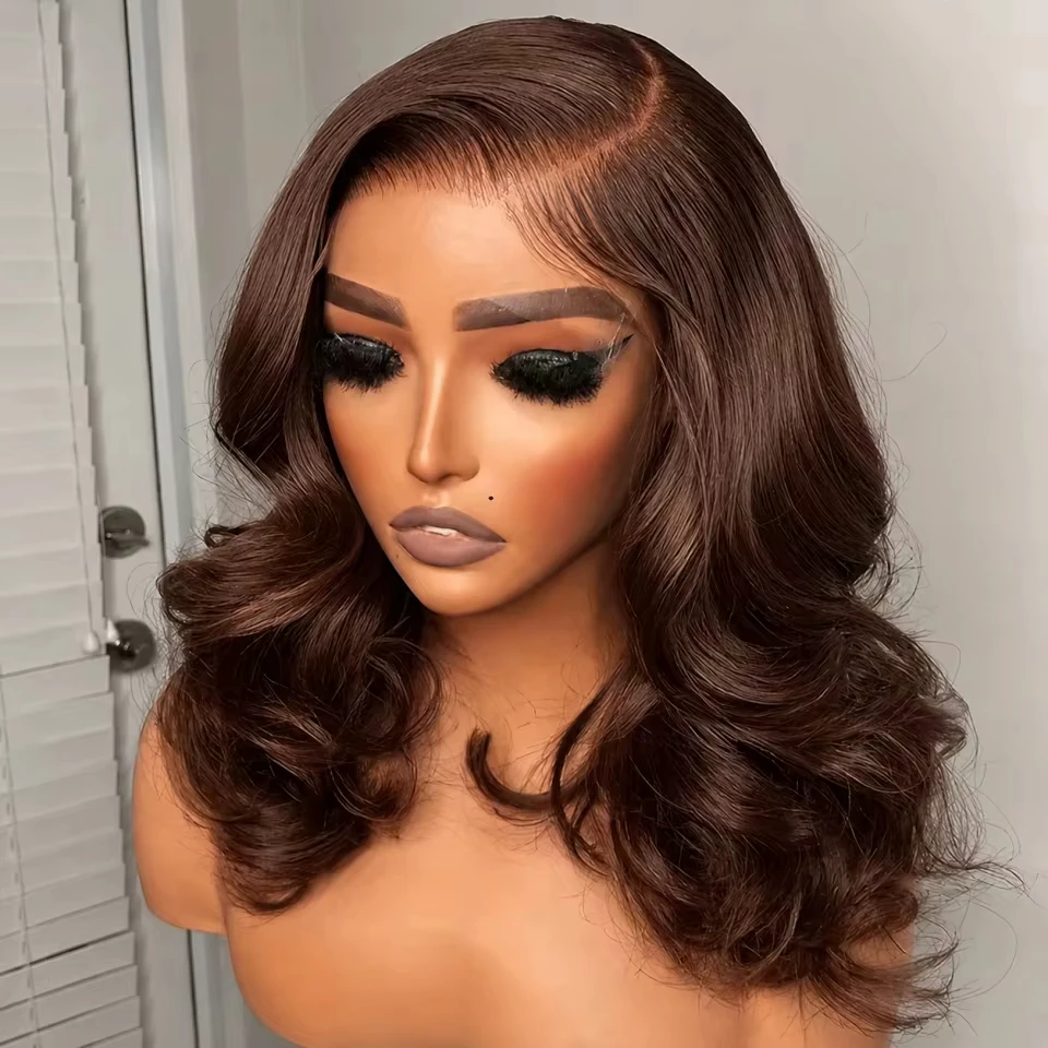 13x4 Hd Lace Frontal Wig Body Wave Brown Bob Human Hair Wigs 250% Density Pre Plucked Frontal Wavy Chocolate Colored Wig For Women