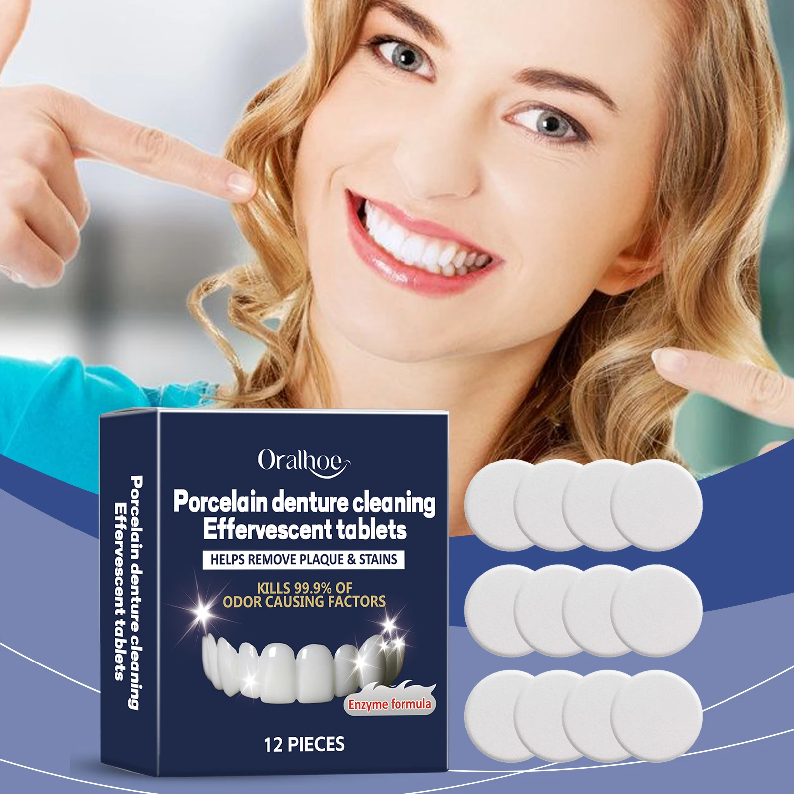 

Oralhoe, 12 шт., таблетки для чистки зубных протезов, фиксатор, очиститель, удаление запаха, зубное пятно, свежее неприятное запаха изо рта, чистка, искусственные зубы, таблетки для зазоров