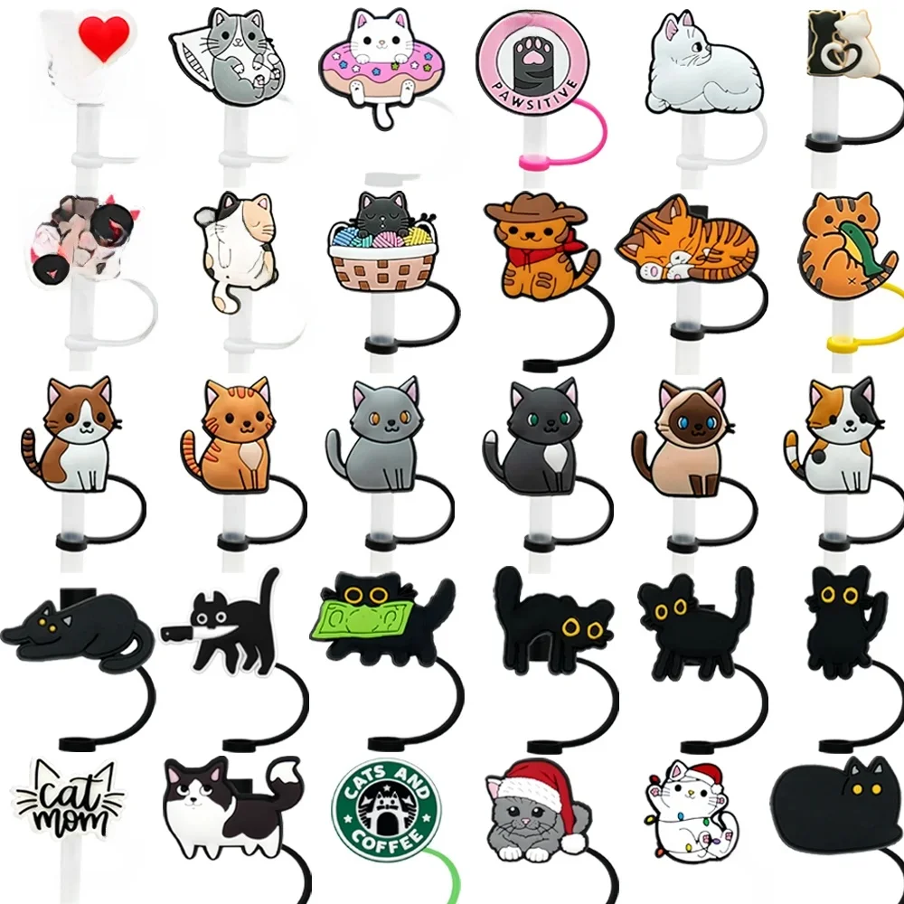 1/30 pièces capuchon de couverture de paille de chat noir mignon, accessoires de décoration de paille Anti-poussière pour tasse de gobelet, capuchon de paille en Silicone Anti-colmatage de 8MM