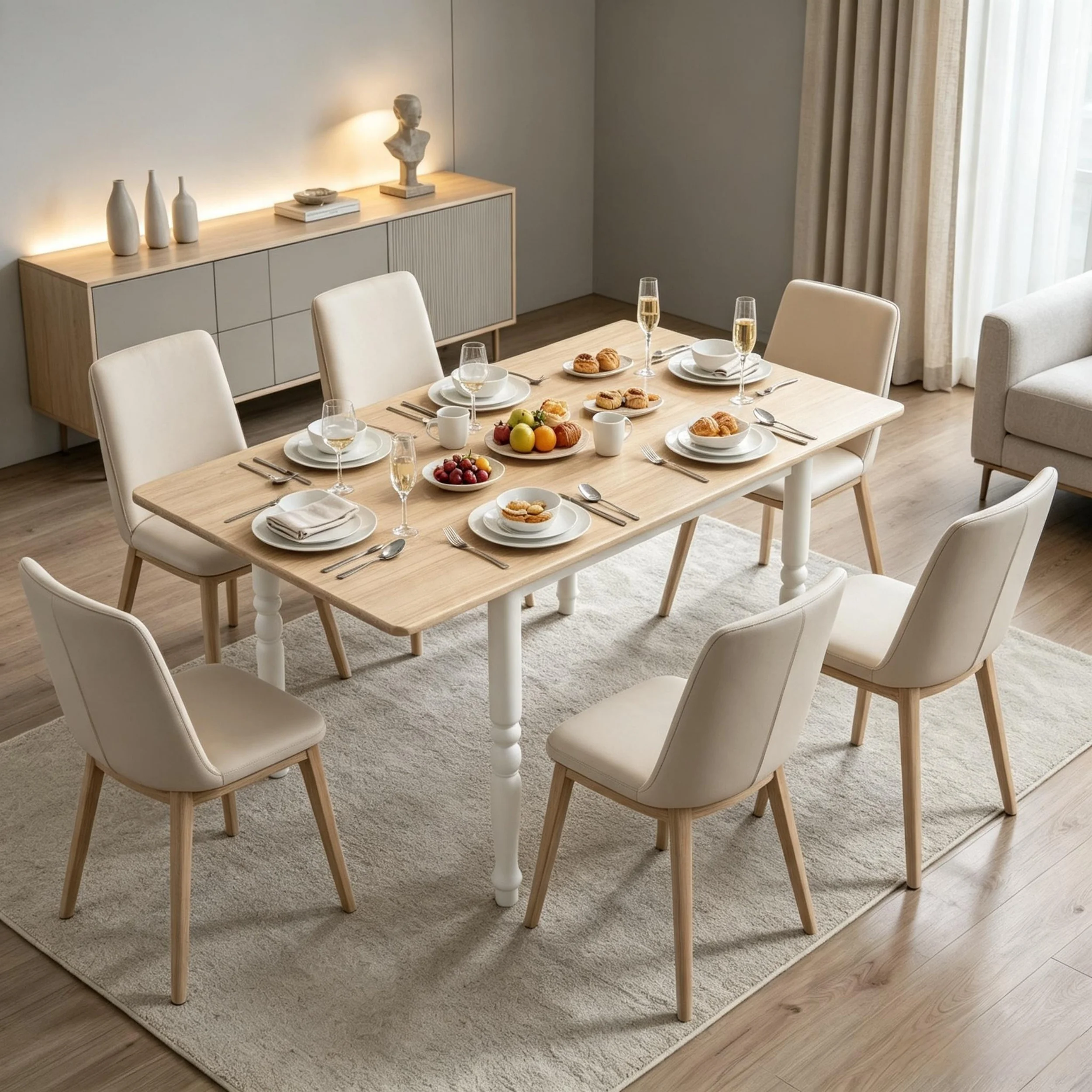 Klappbarer, ausziehbarer Esstisch mit zwei Klappplatten, Tischplatte in Naturholzoptik und dekorativen Beinen, platzsparender, erweiterbarer Küchentisch für 2-6 Personen, ideal für kleine Wohnungen,