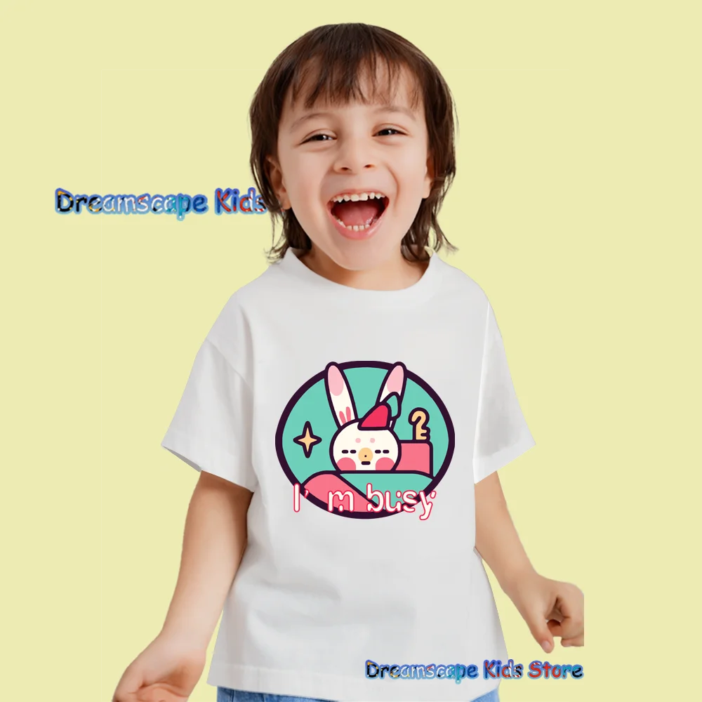 2024 Rabbits Sleeping At Night Cute Cartoon  Printed T Shirts Summer Short Sleeve Child Clothes Kids Casual Style Tees Tops