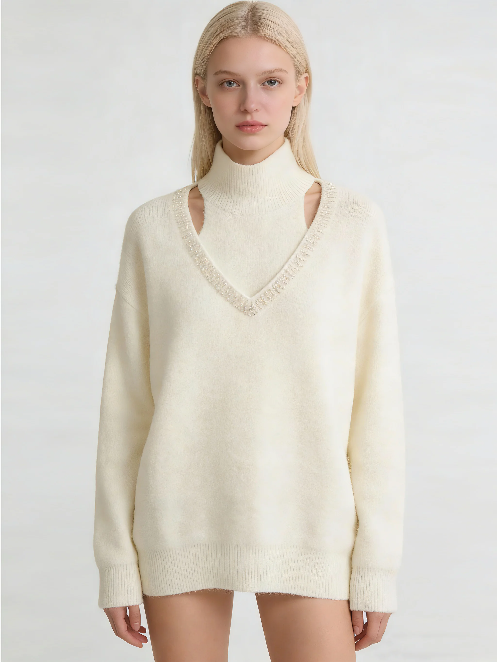 

Women's Cream Turtleneck Cutout Sweater Beaded V-Neck Fuzzy Knit Jumper