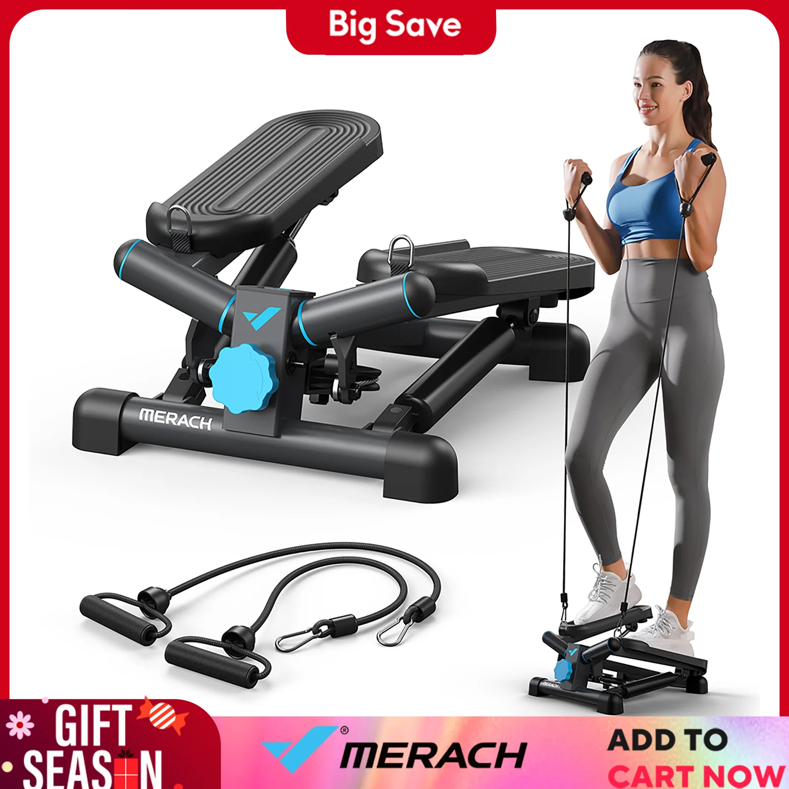 MERACH Mini paso a paso para ejercicio, escalera giratoria, capacidad de 330 libras, equipo de ejercicio paso a paso con banda de resistencia para fitness