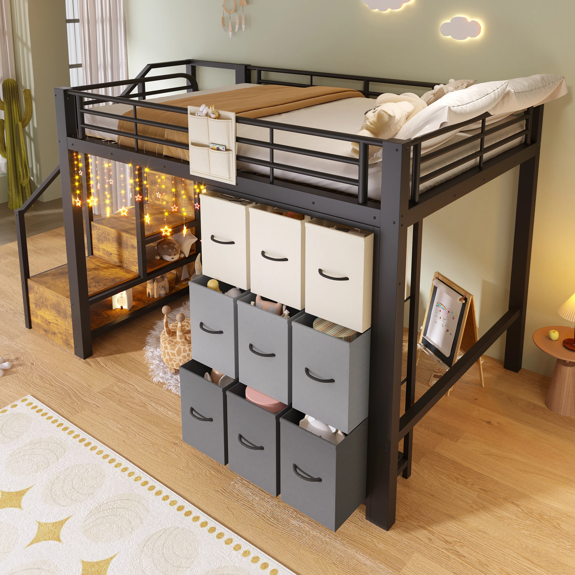 Lit mezzanine métal noir 140x200cm économique en espace, avec rangement, penderie intégrée et garde-rails, vendu sans matelas