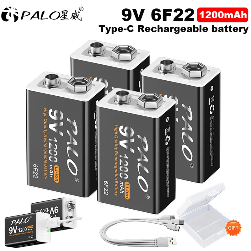 

Аккумулятор PALO 1-16 шт. USB 9V, 1200 мАч, Type-C, перезаряжаемый, 6F22, 9V Li-ion для мультиметра, микрофона, игрушек
