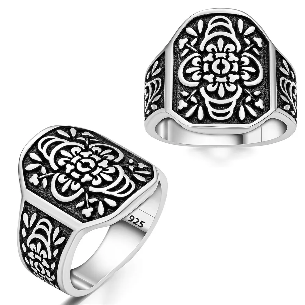 elegant-solid-925-sterling-silver-octagonal-ottoman-motif-men's-ring-nonestone-accessory-handmade-jewelry-gift